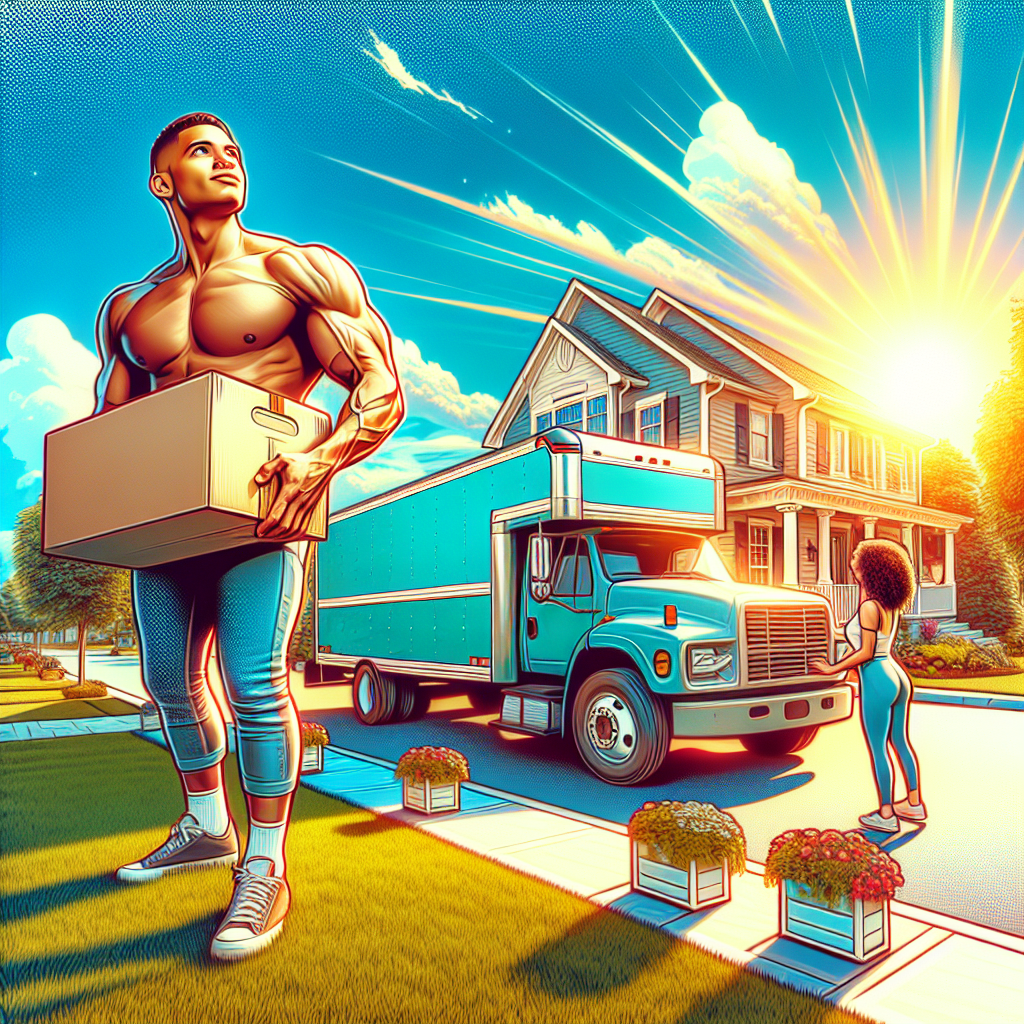A moving truck in a suburban neighborhood with people loading boxes.