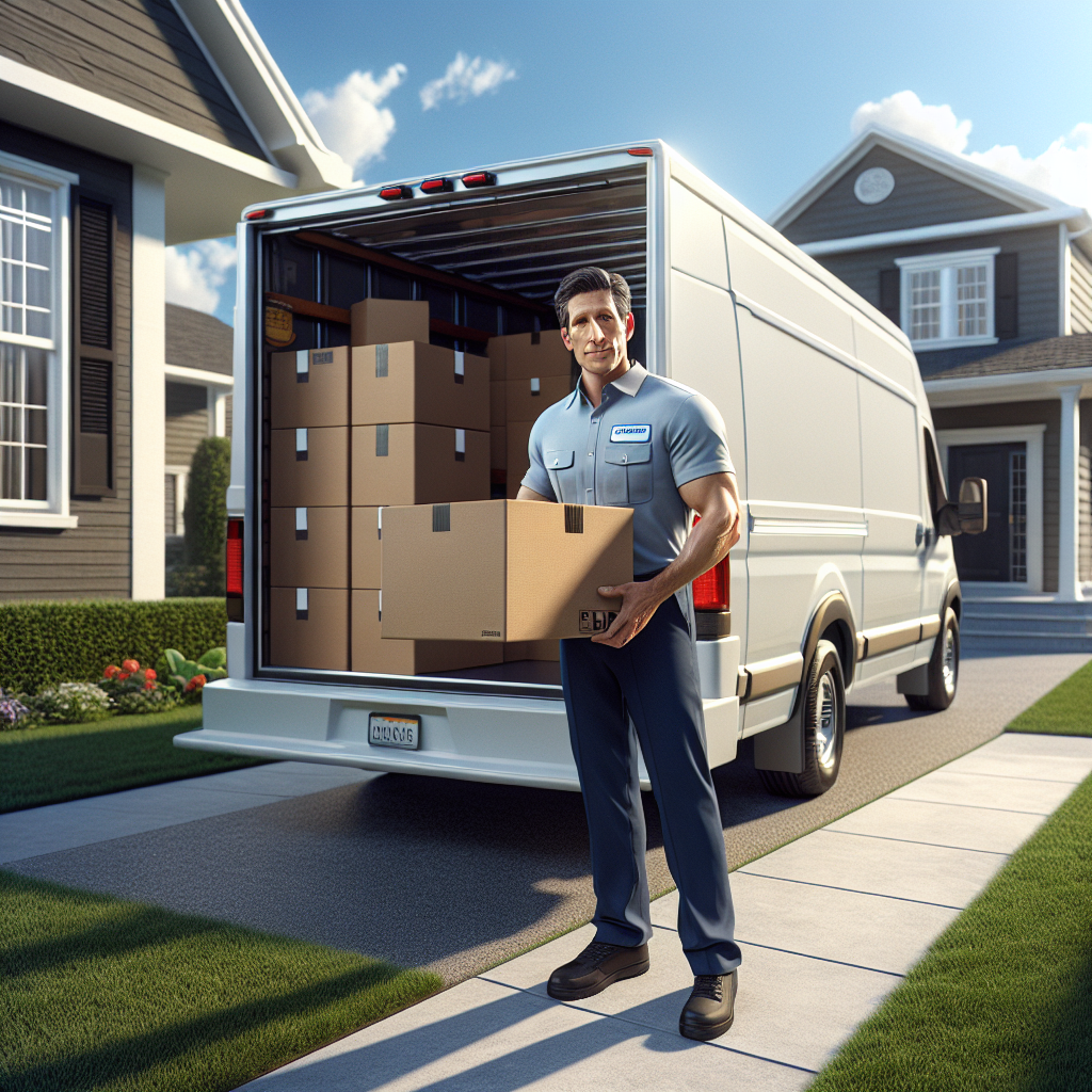 A professional man loading a van with boxes for a move outside a home.