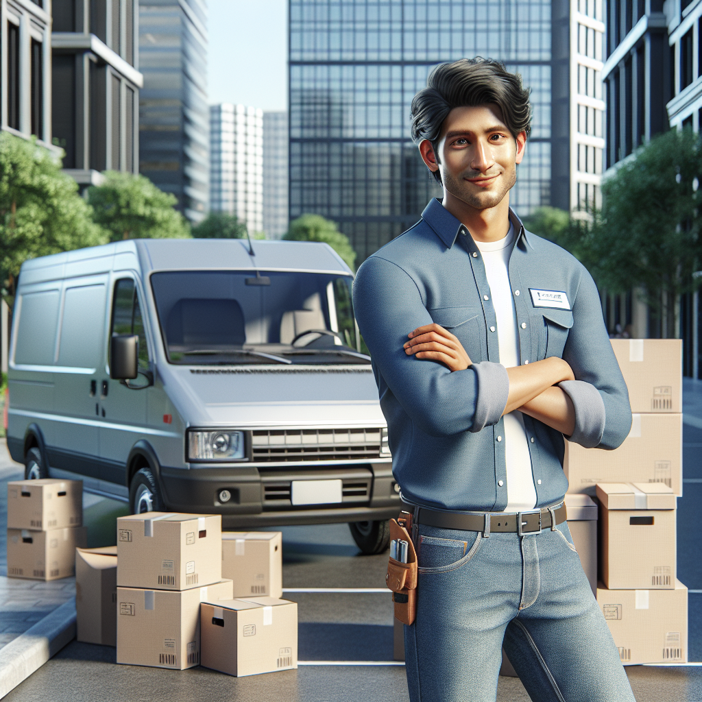 A man with a van in an urban setting, surrounded by boxes.