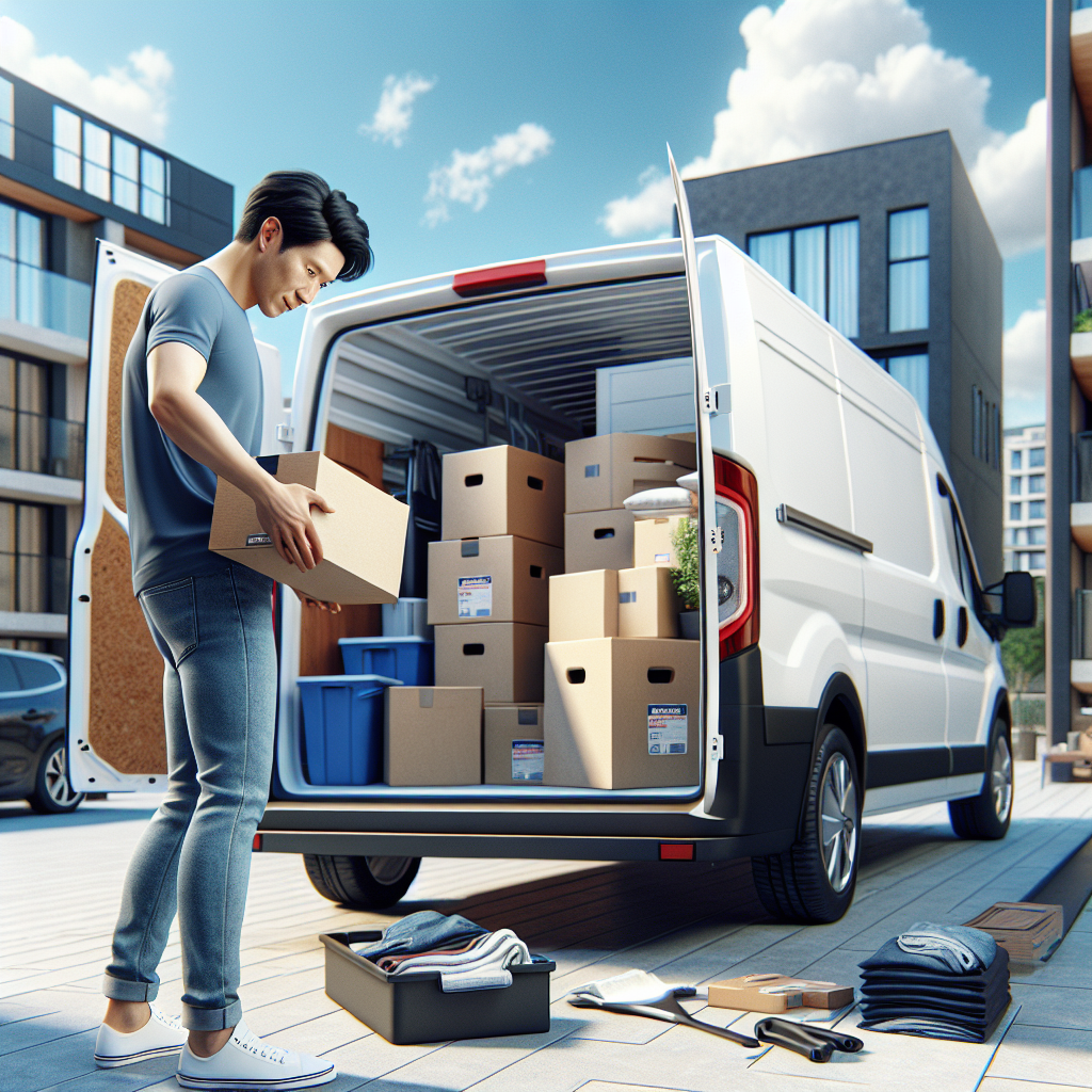 A man organizing boxes in a van parked outside an apartment building.
