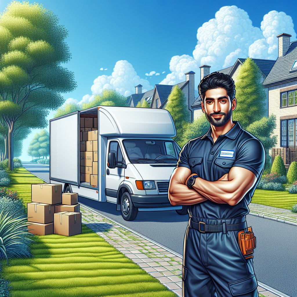 A man in a blue uniform standing next to a modern white van loaded with moving boxes in a suburban neighborhood.