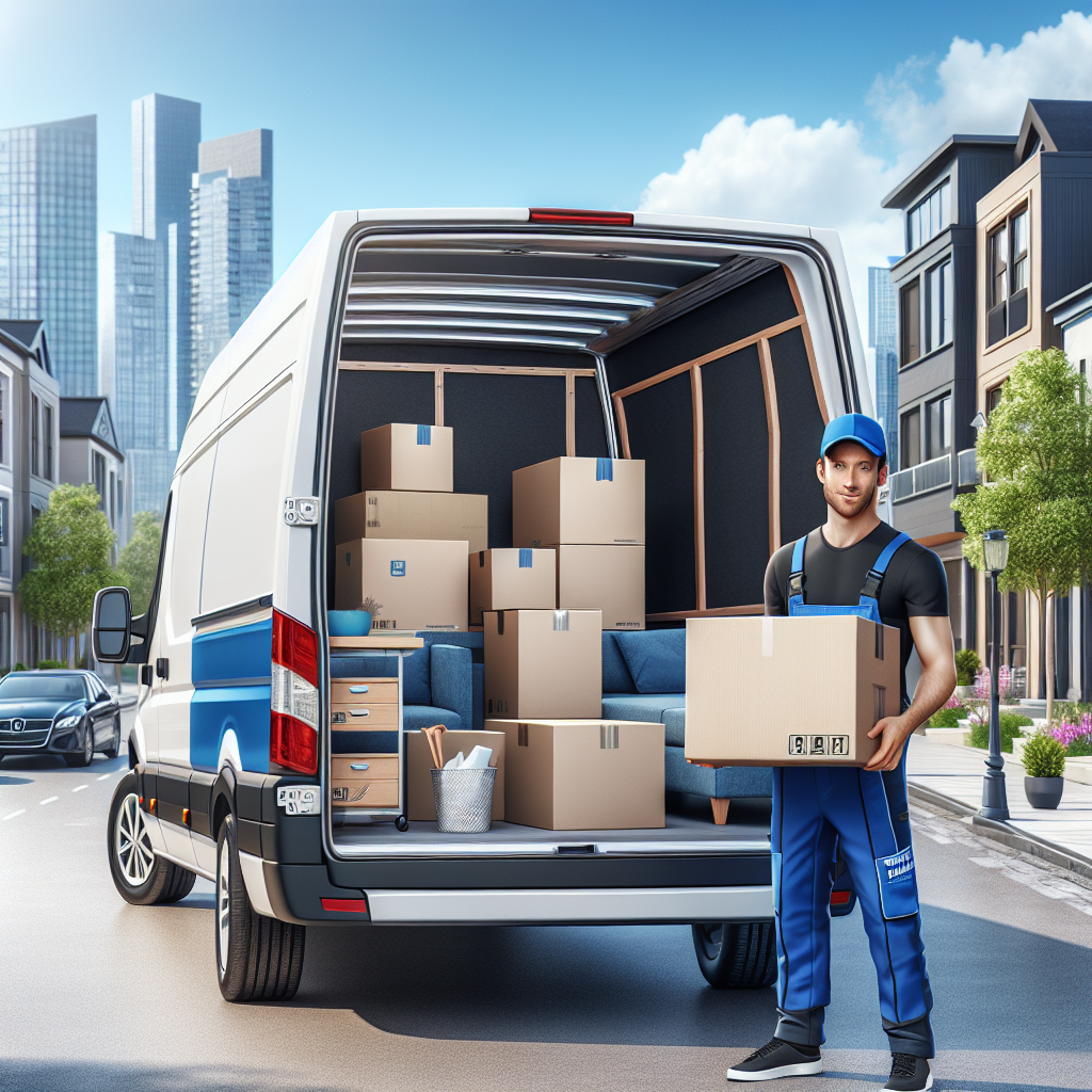 A man with a van loading boxes for a long distance move in a city street.