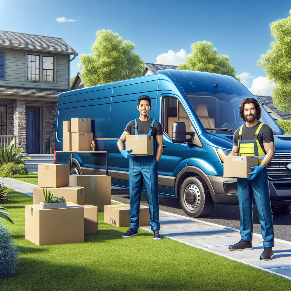 Movers loading boxes into a blue moving van outside a suburban home.