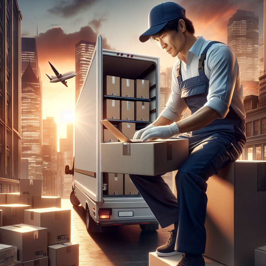 A man loading boxes into a white van in a cityscape at sunset.