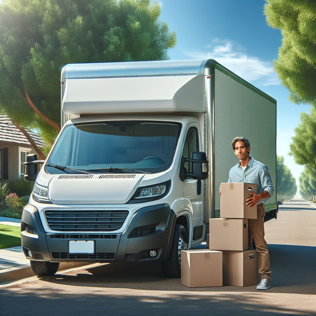 A man loading boxes into a white van on a sunny suburban street.
