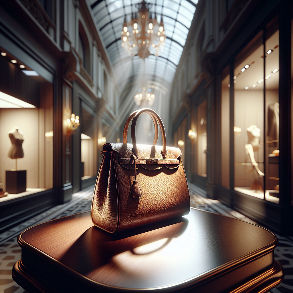 Illustration of a Hermes Constance bag in a luxurious Parisian boutique setting.