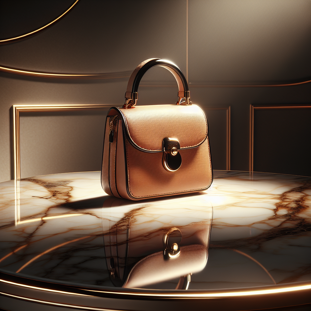 An Hermes Kelly Mini bag on a polished marble table with soft lighting.