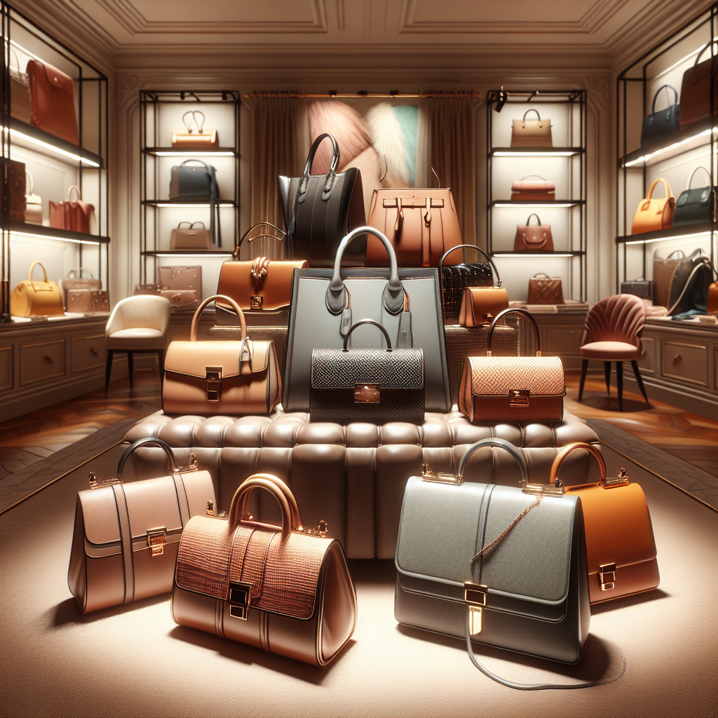 An array of Hermes Constance bags in a luxury boutique environment, depicted realistically with fine details.