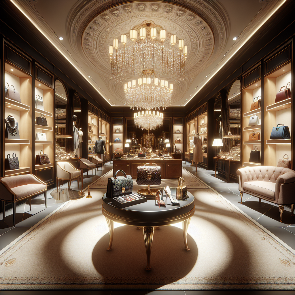 Interior of a luxury consignment shop with elegant decor and high-end merchandise on display.