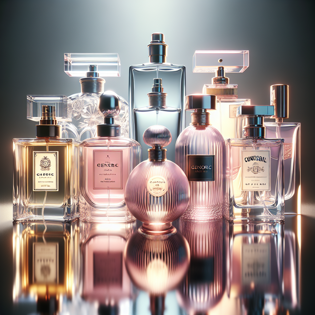 Realistic Chanel perfume bottles on a reflective surface.