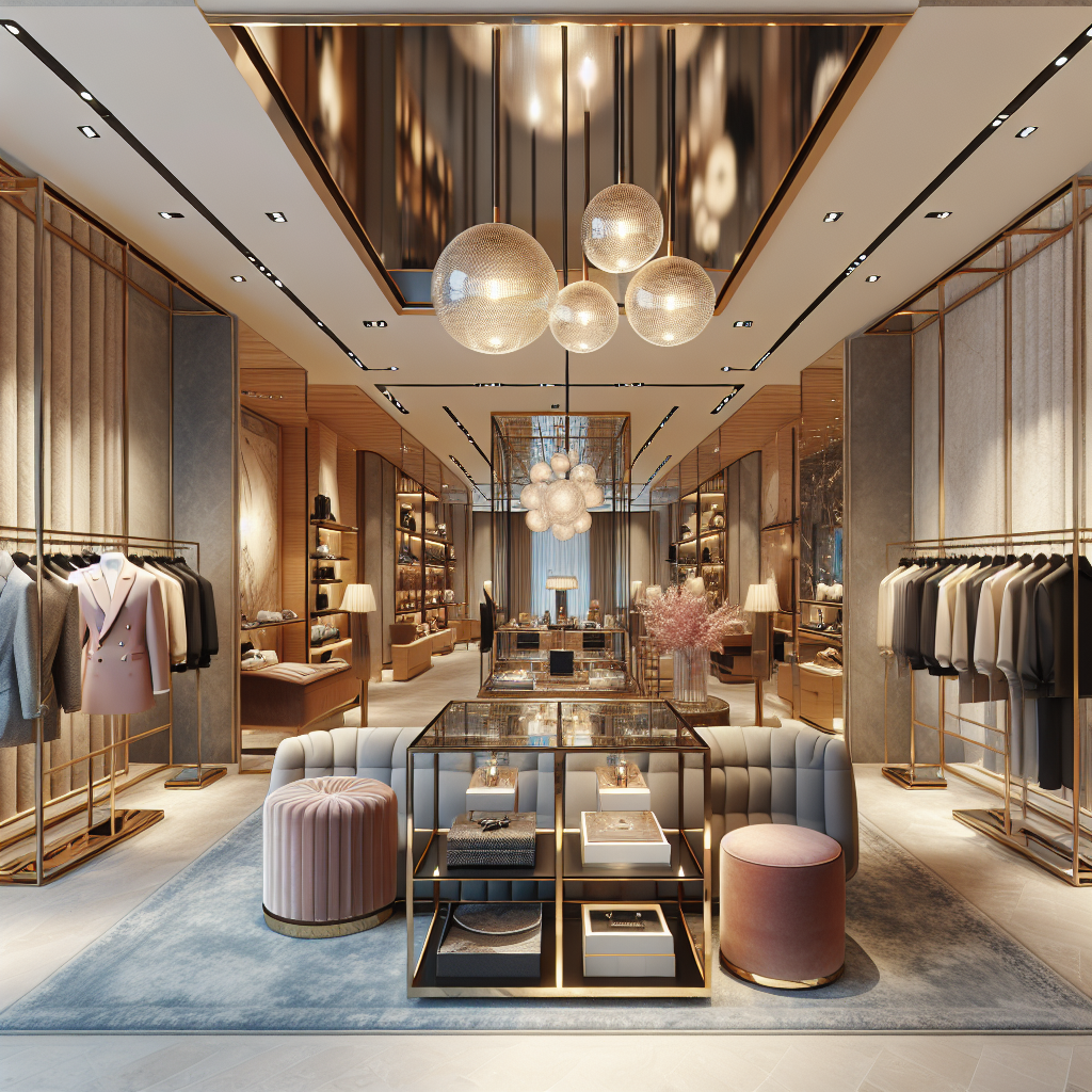 Interior of a luxury consignment shop with high-end decor and modern aesthetic.