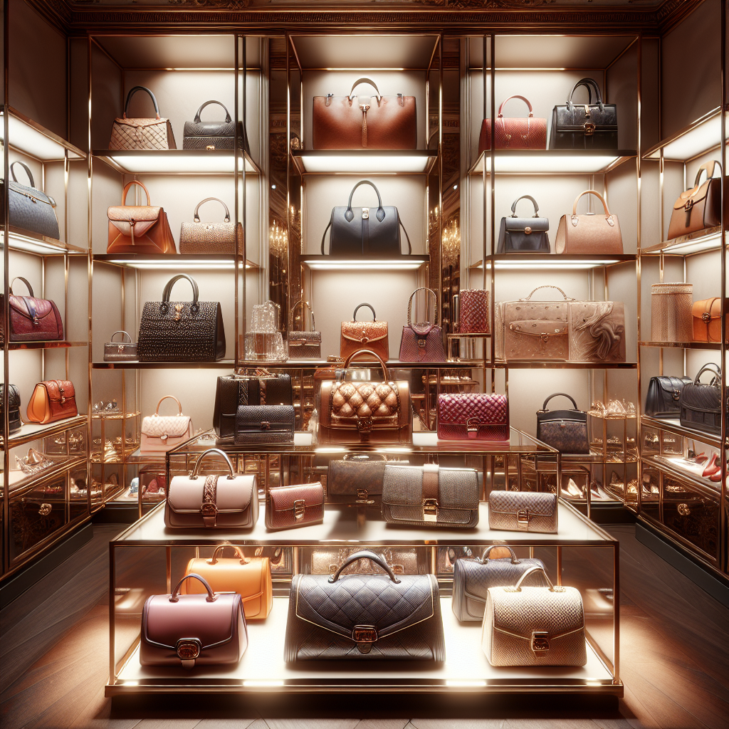 A collection of Chanel bags displayed in a luxurious boutique.