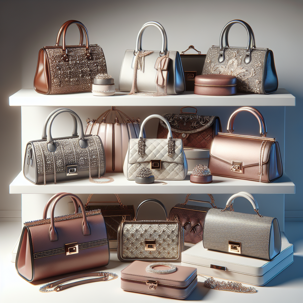 Assorted affordable luxury handbags on a white shelf.