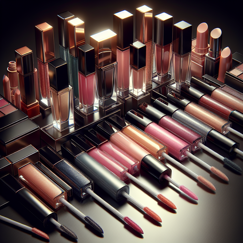 A realistic range of Chanel lip glosses in various shades with glossy, high-end packaging.