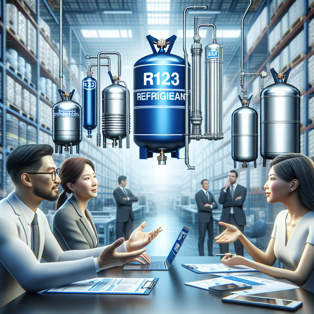 R123 refrigerant suppliers introducing products in a professional setting with containers and customers.