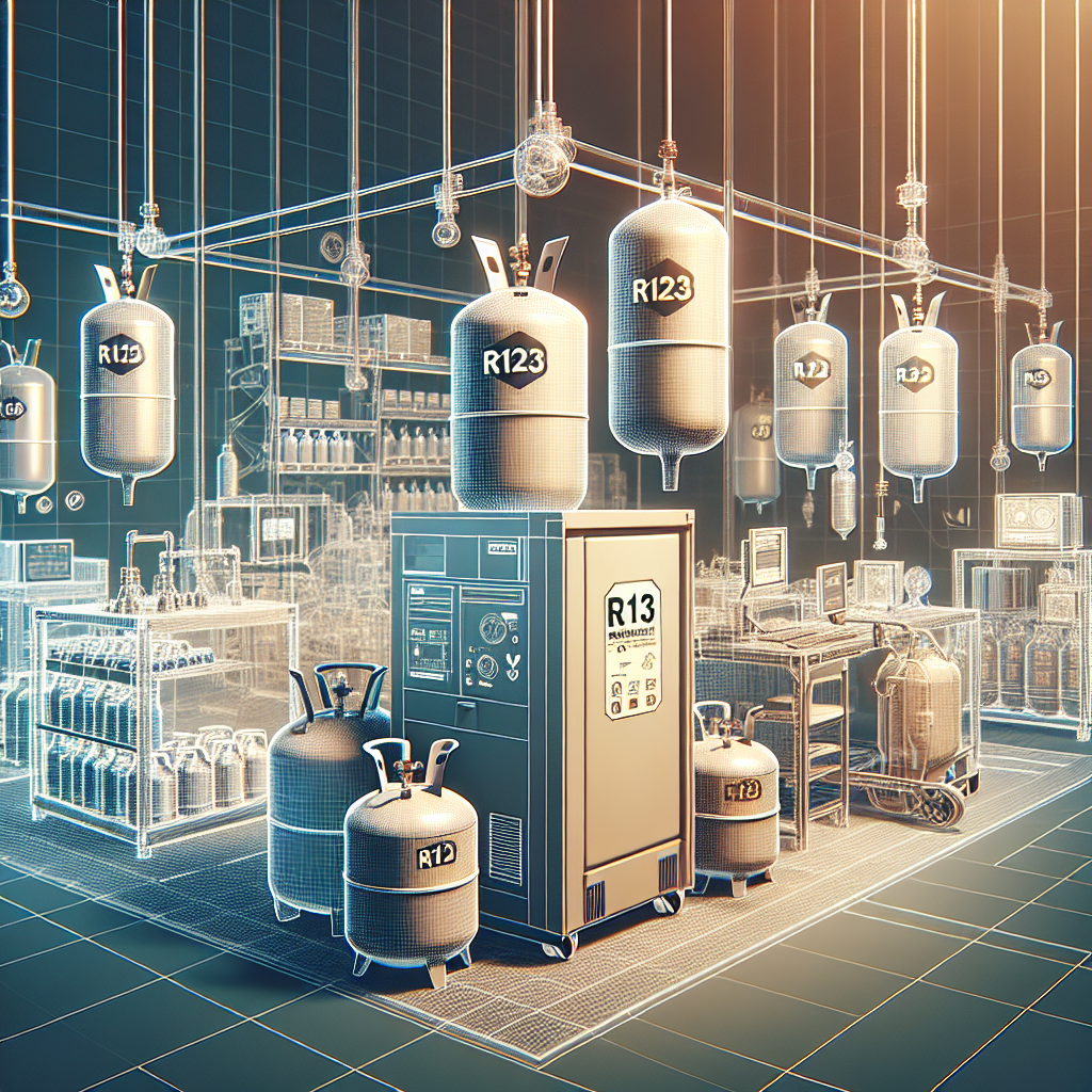 A realistic image of a professional setting with R123 refrigerant containers, industry equipment, and safety gear.