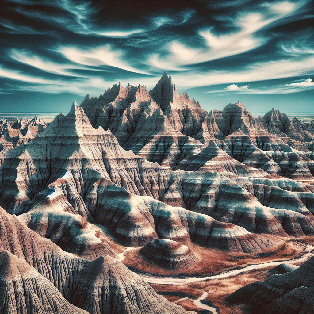 realistic rendering of badlands national park landscape.