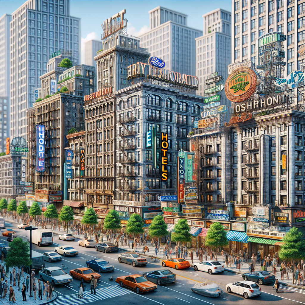 a bustling city center with various hotels and high-rise buildings.