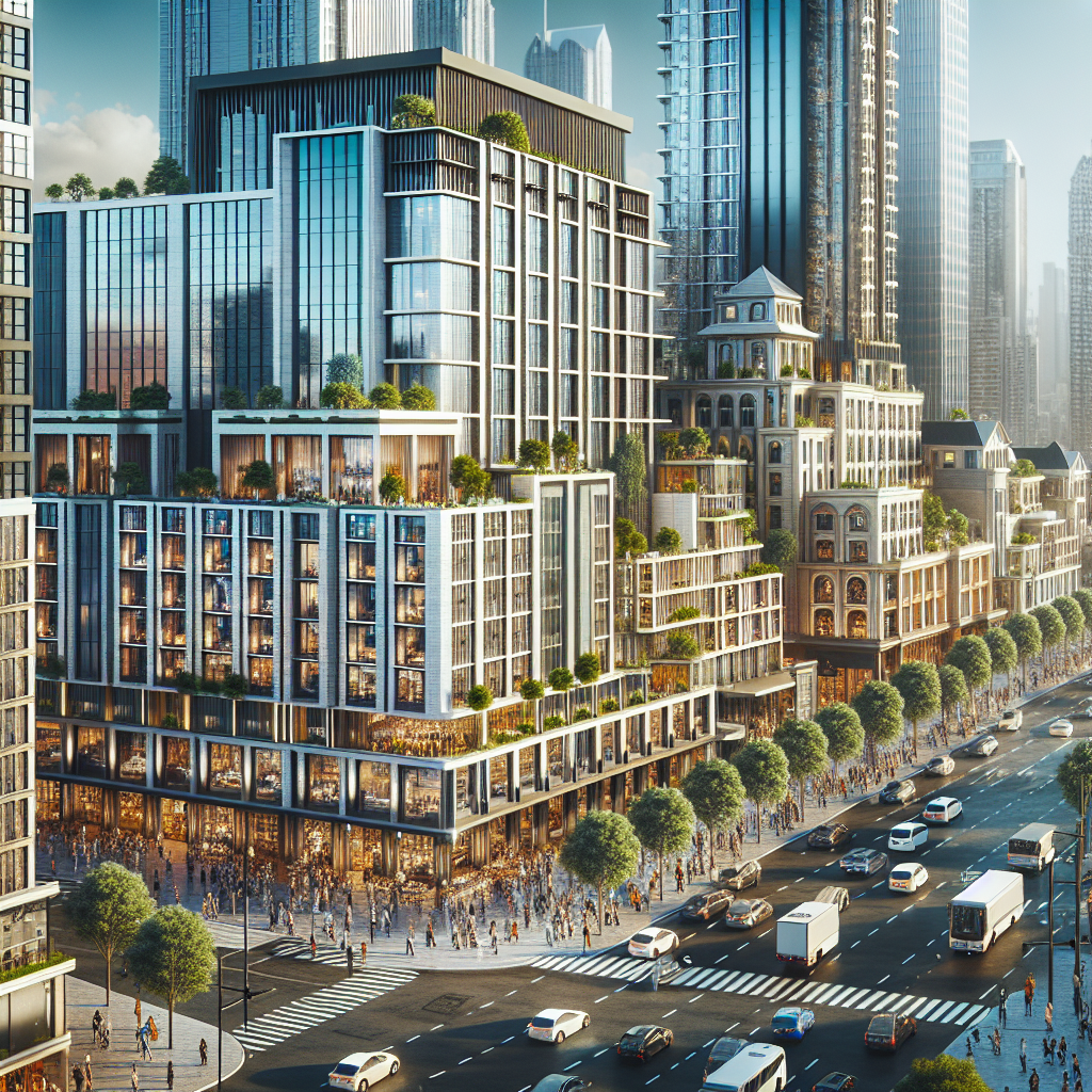 a realistic depiction of a modern city street with hotels, pedestrians, and cars.