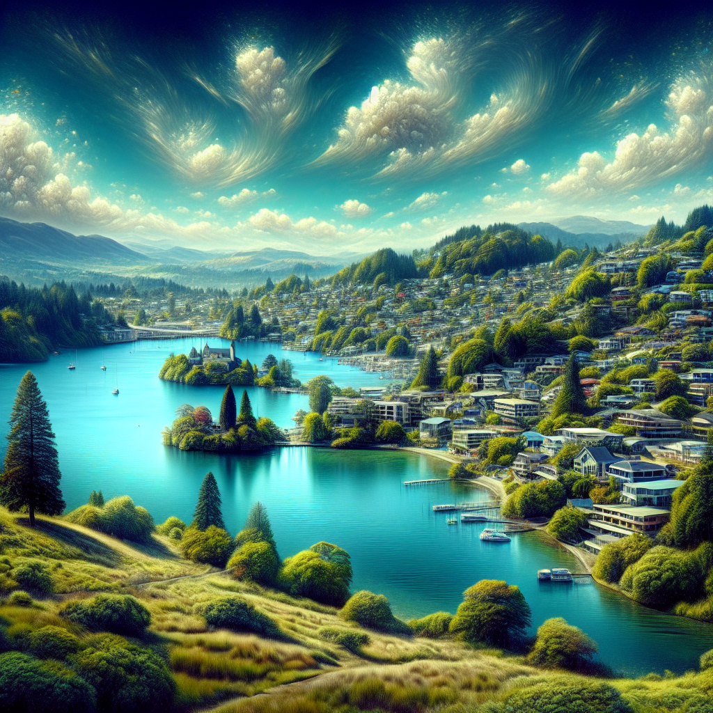 a realistic scenic view of rapid city with lush green hills, clear blue sky, and a serene body of water.