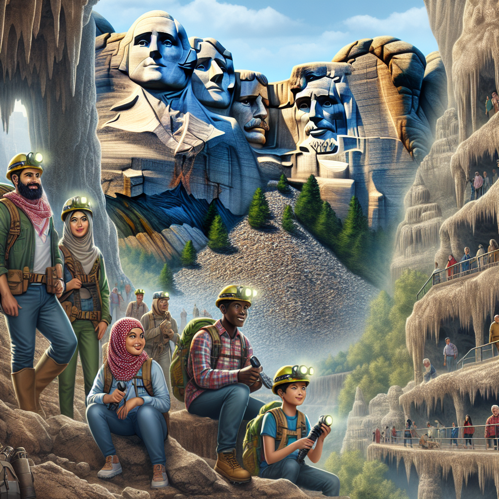 realistic depiction of mount rushmore with an adventurous cave tour setting.