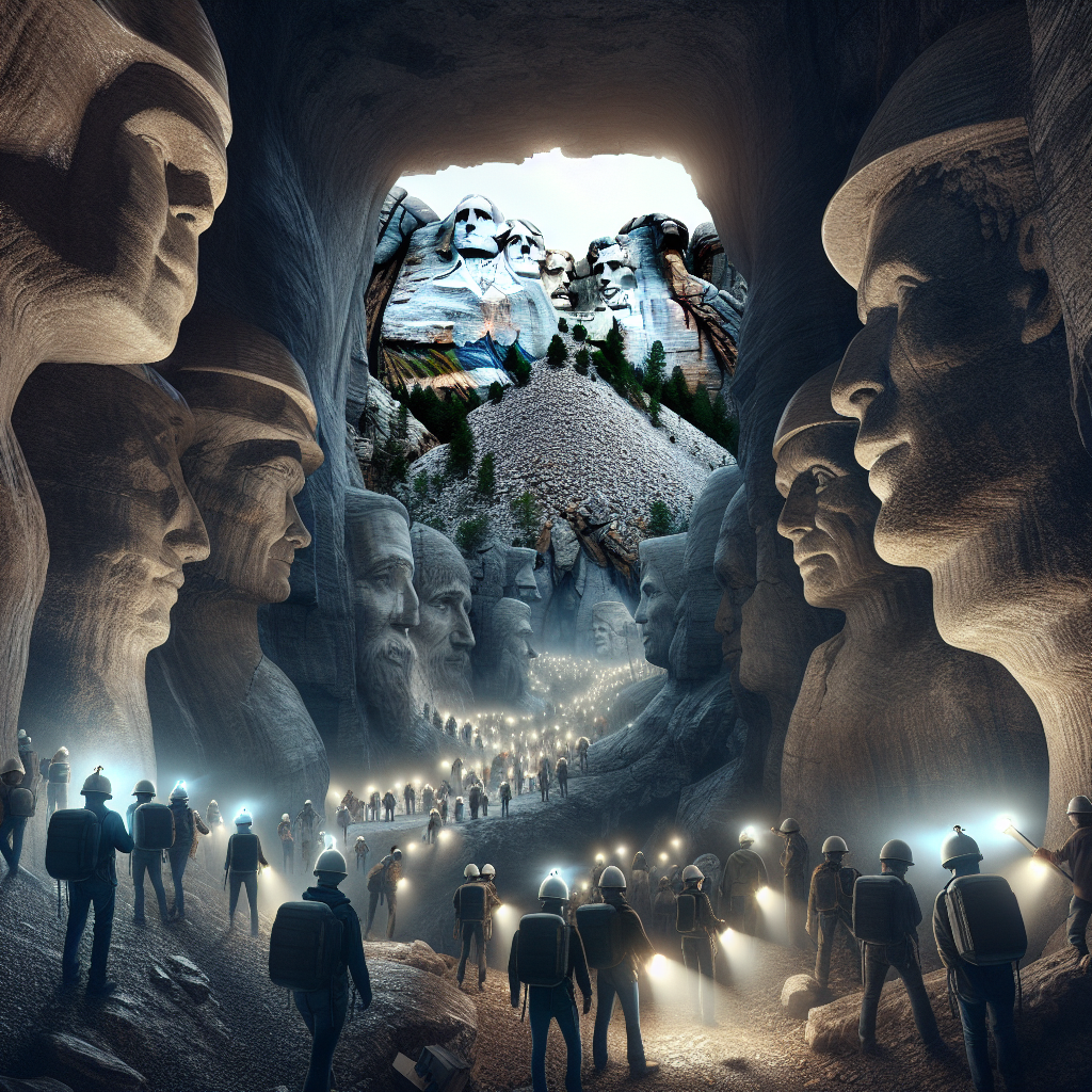 realistic depiction of mount rushmore cave tour with tourists exploring the cave.