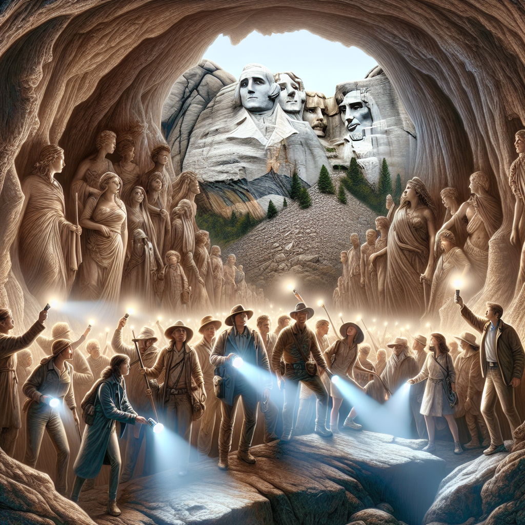 tourists exploring a hidden cave behind mount rushmore.