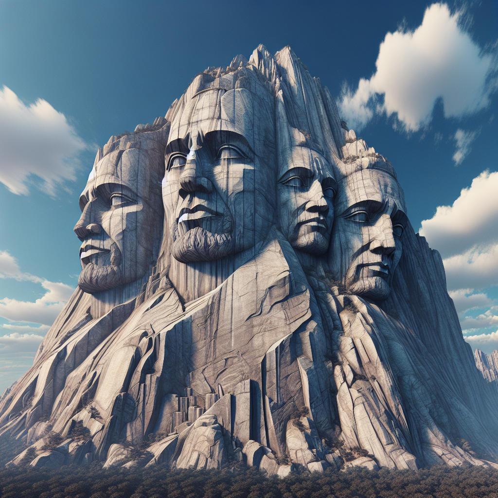 a realistic image of mount rushmore, with finely detailed carvings of the presidents' faces against a blue sky.