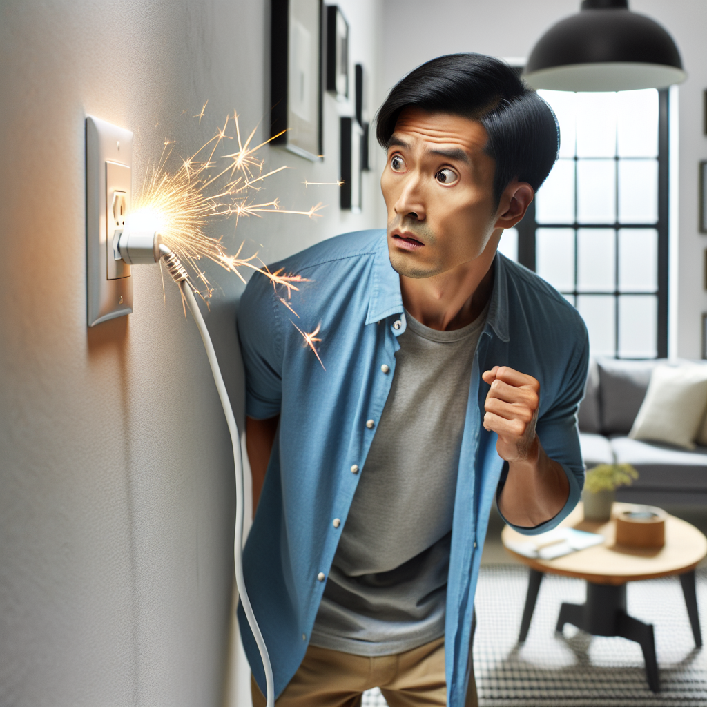A worried homeowner looking at a sparking electrical outlet in a realistic style, depicting an emergency.