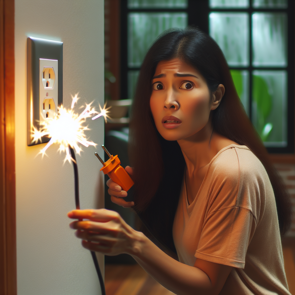 Homeowner with an urgent expression gazing at a sparking electrical outlet in their home, signaling an electrical emergency.