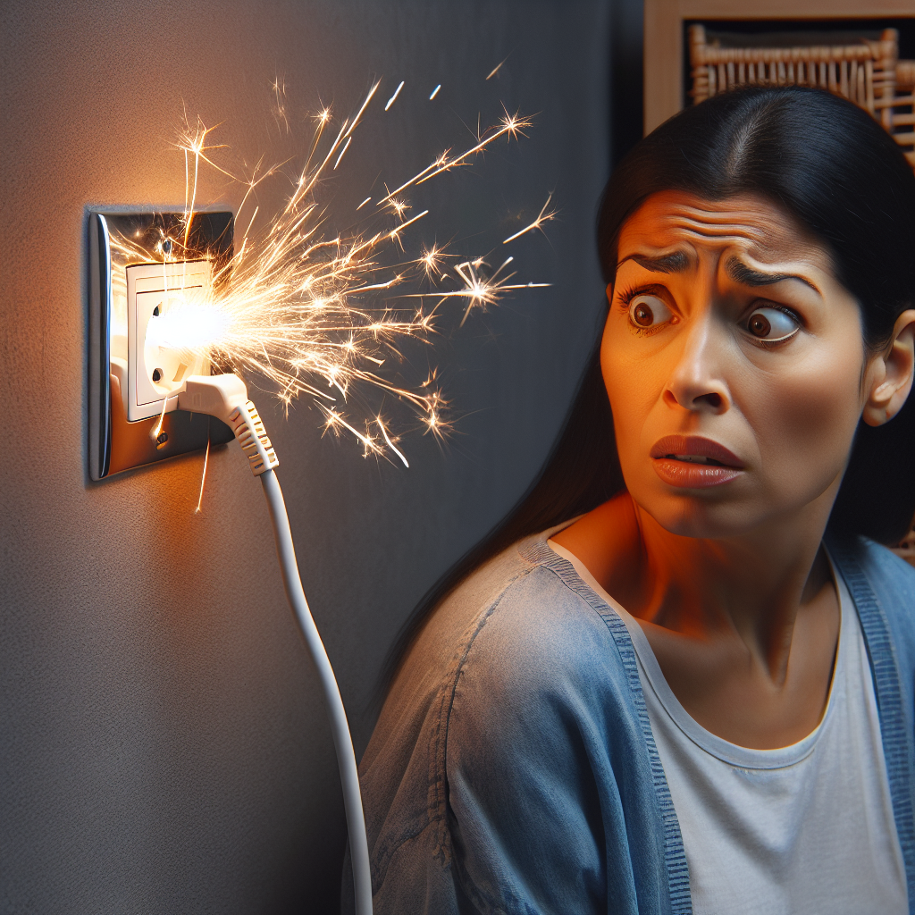 A realistic depiction of a homeowner alarmed by a sparking electrical outlet, signaling an electrical emergency.