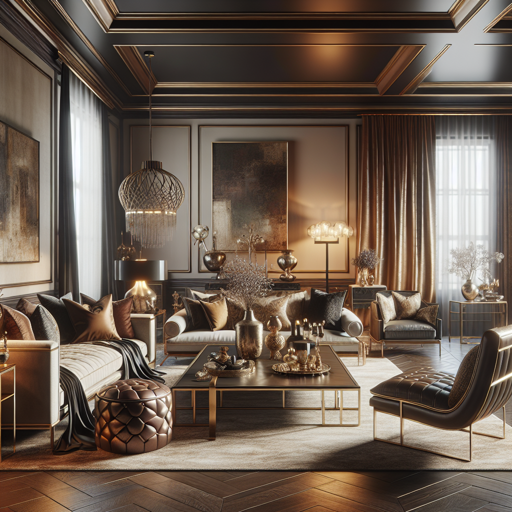 Luxurious living room with upscale design elements like silk, velvet, leather and hardwood, featuring metallic accents and sophisticated furnishings.