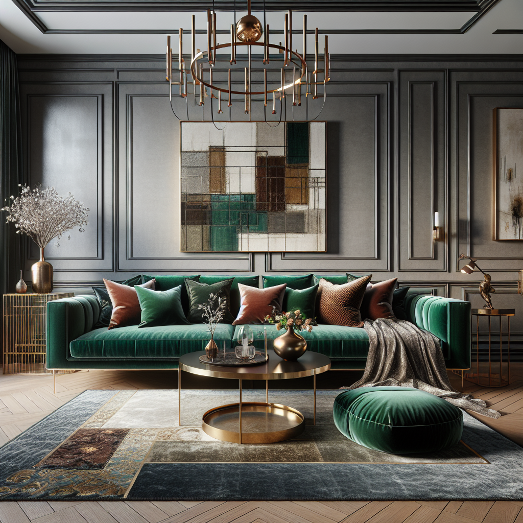 Interior scene of a luxurious living room with velvet emerald sofa, hardwood table, gold chandelier, and opulent decor, capturing the essence of luxury home decor without text.