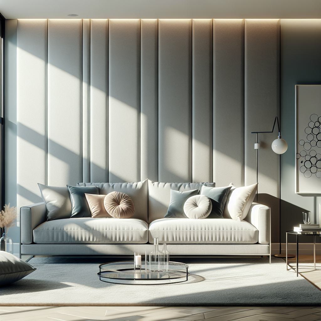 A modern-styled living room with a stylish sofa bed, glass coffee table, and a chic floor lamp, highlighted by natural lighting.