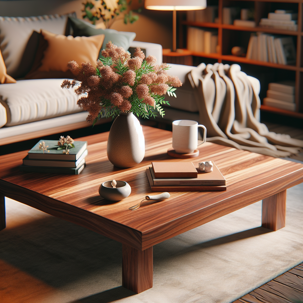 A realistic image of a coffee table in a cozy living room setting.