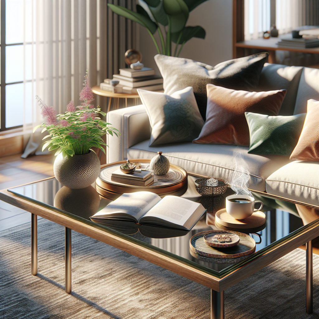 A realistic image of a modern coffee table setup in a cozy living room.