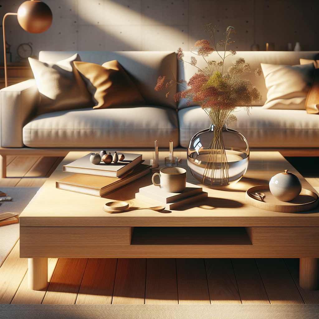 A realistic coffee table scene in a stylish living room with a vase of flowers, books, and a mug of coffee.