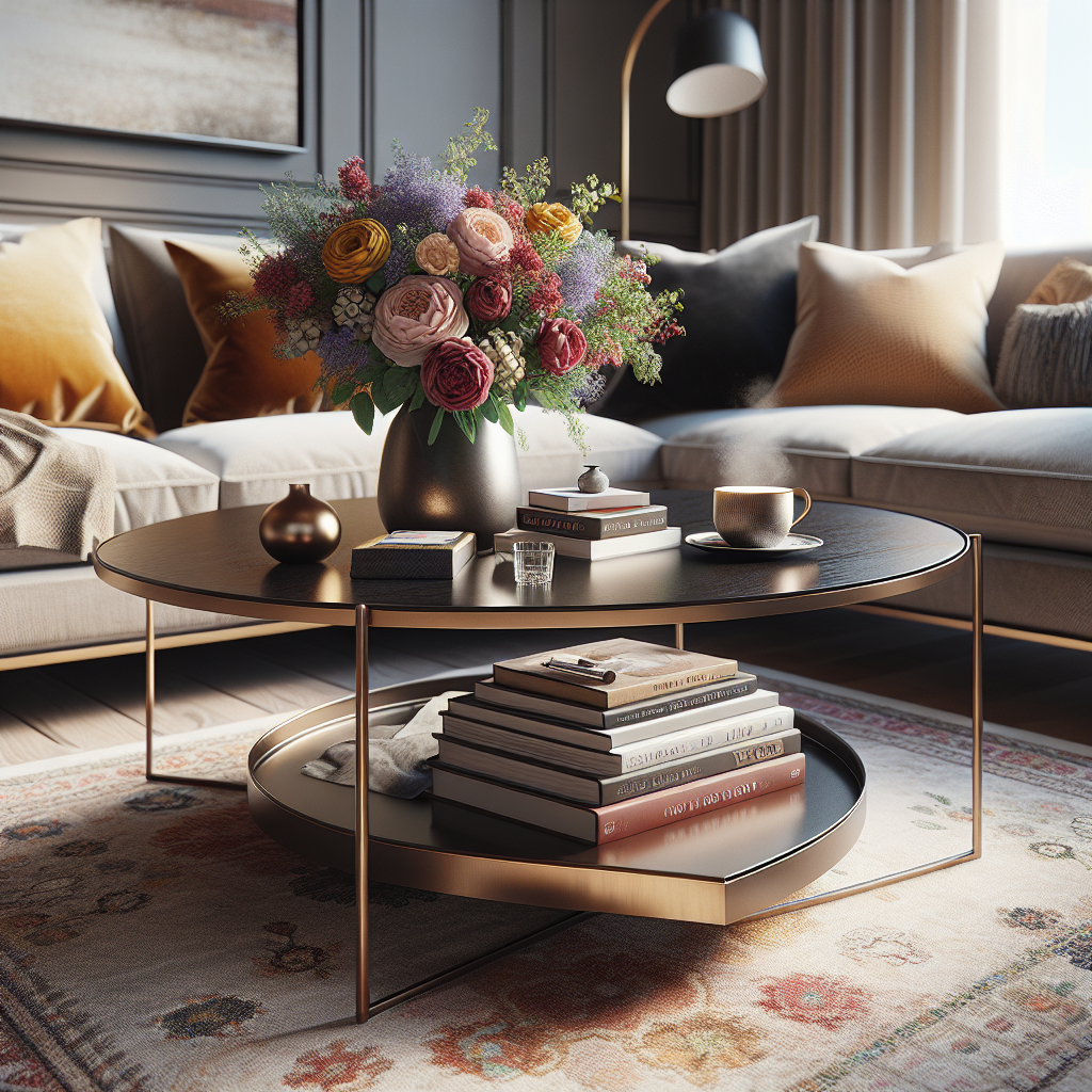 A realistic depiction of a coffee table in a cozy living room with a cup of coffee, books, and a vase of flowers.