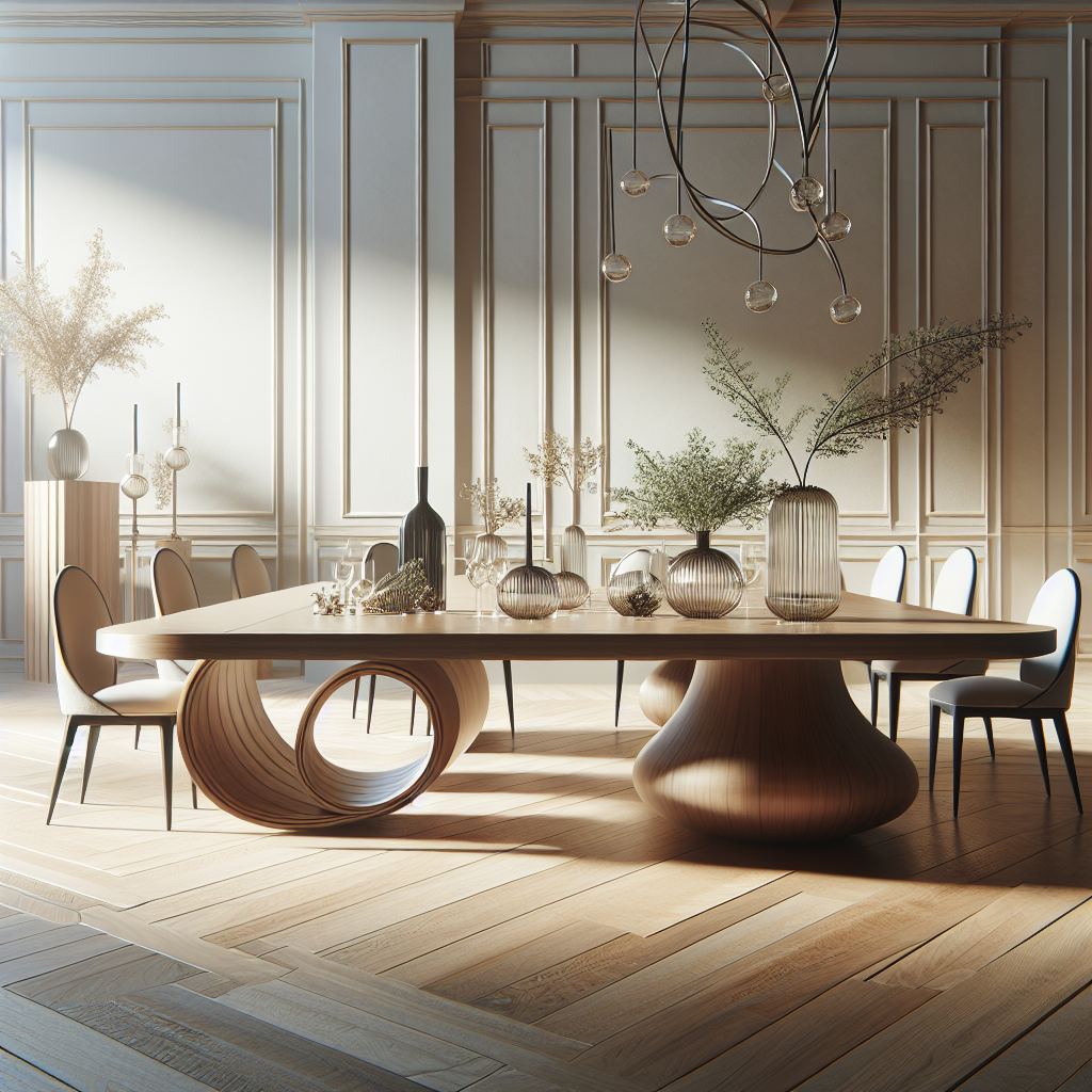 A realistic image of a modern dining table with innovative design features, set in an elegant and welcoming environment.