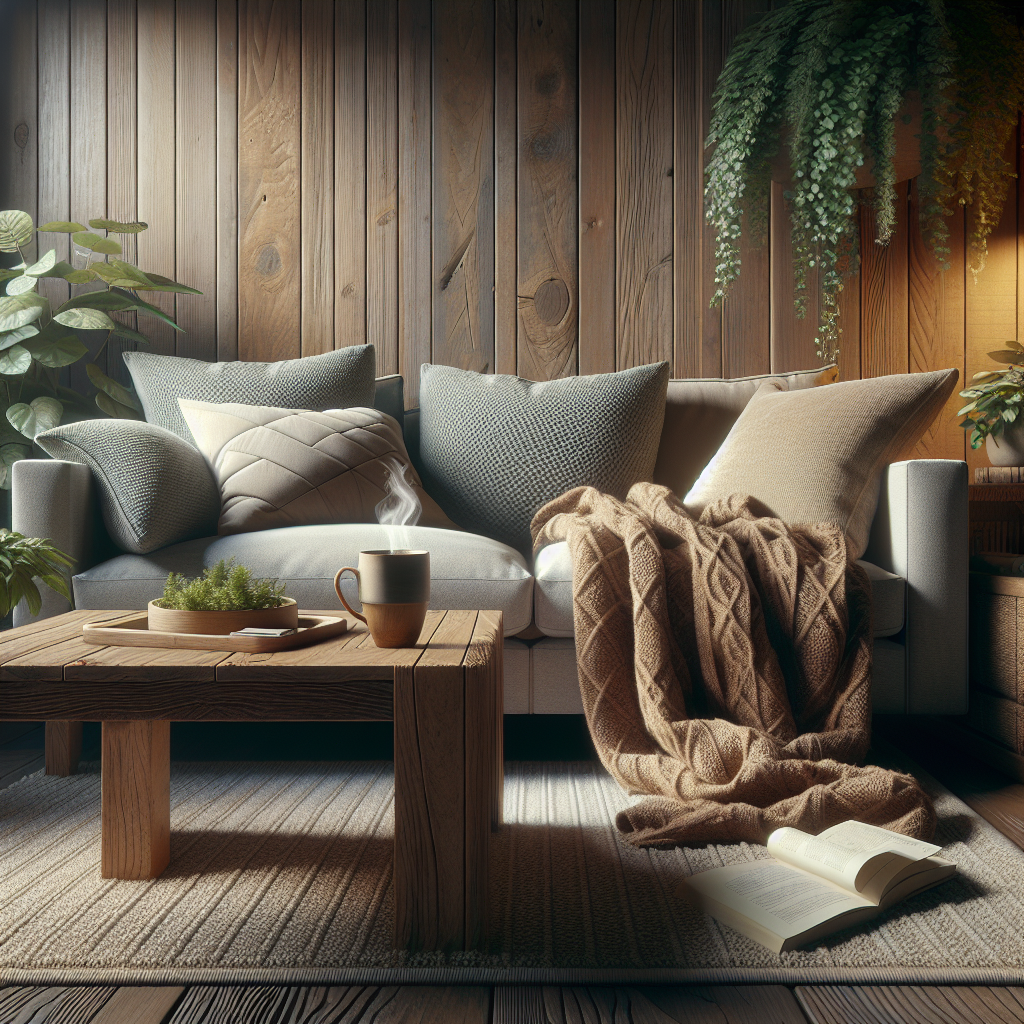 A cozy and relaxed living room with a plush sofa, knit blanket, wooden coffee table, steaming mug, book, and soft ambient lighting.