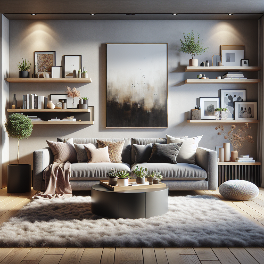 A minimalist yet cozy living room with a gray sofa, wooden elements, succulents, and warm lighting.
