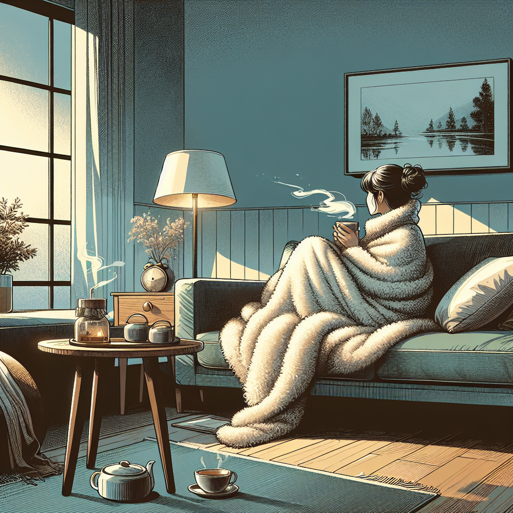 A cozy indoor scene with a person sitting on a couch wrapped in a blanket, with a cup of hot tea and a glowing lamp nearby, and a peaceful scenic view outside the window.
