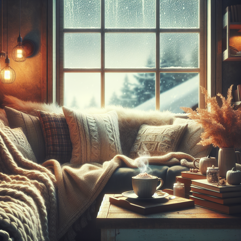 A cozy and comfy day indoors with warm lighting, soft couch, fluffy blankets, and a steaming cup of hot chocolate.