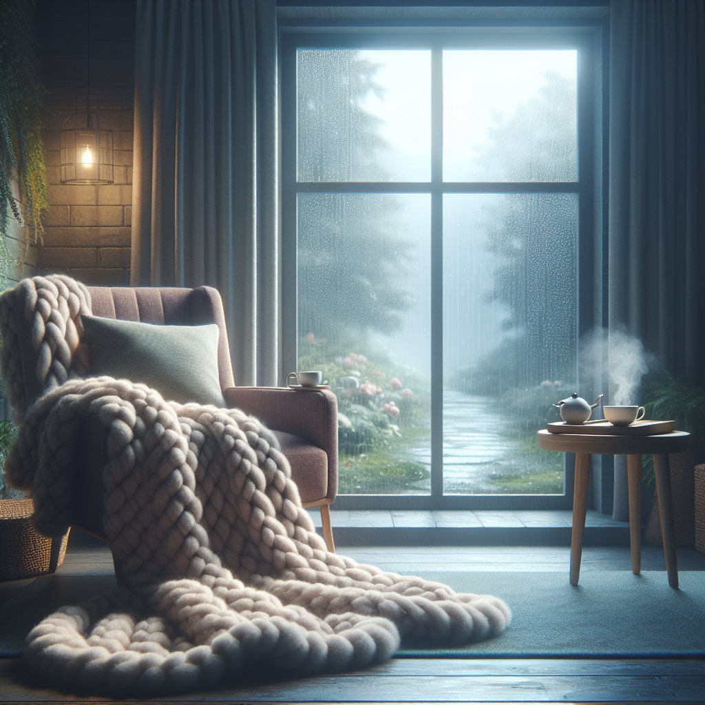 A cozy, comfy day inside a warmly lit living room with a comfortable chair, soft blanket, steaming cup of tea, and a rainy day outside the window.