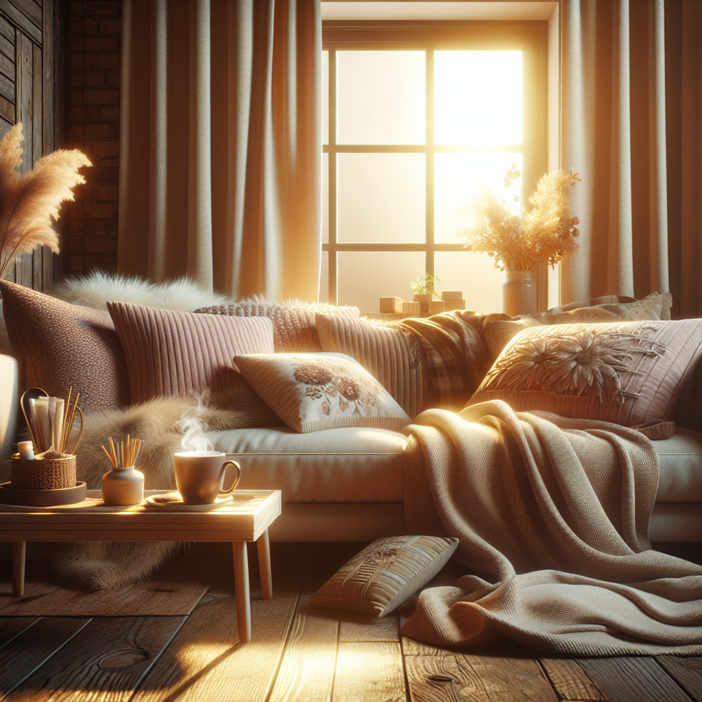A realistic depiction of a cozy, comfy day with a warm, inviting couch, soft blankets and pillows, a steaming mug, and light streaming through a window.