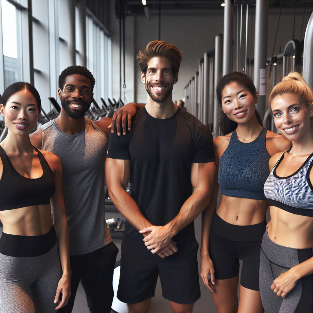 Diverse Planet Fitness employees in uniform, standing together in a well-lit gym environment.