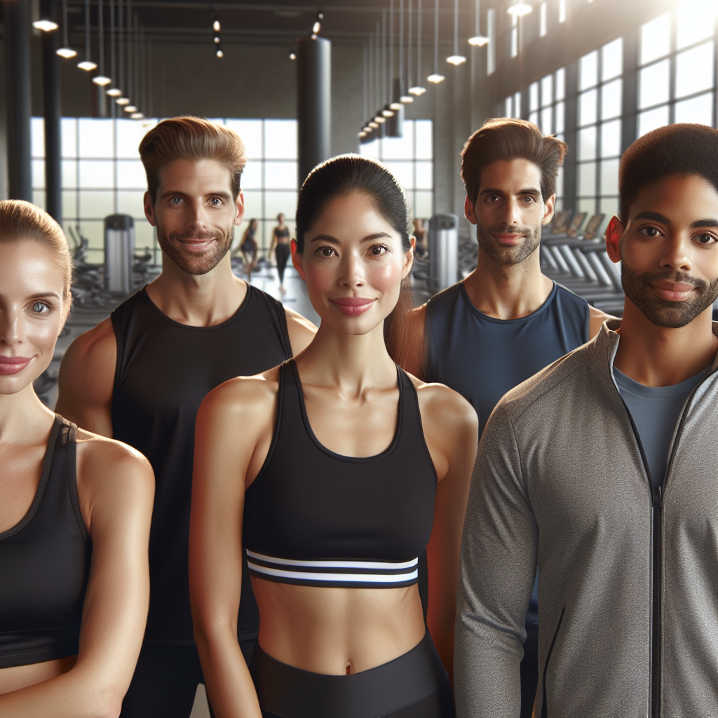 A group of diverse fitness instructors wearing Planet Fitness uniforms in a modern, bright gym setting, representing a welcoming atmosphere.