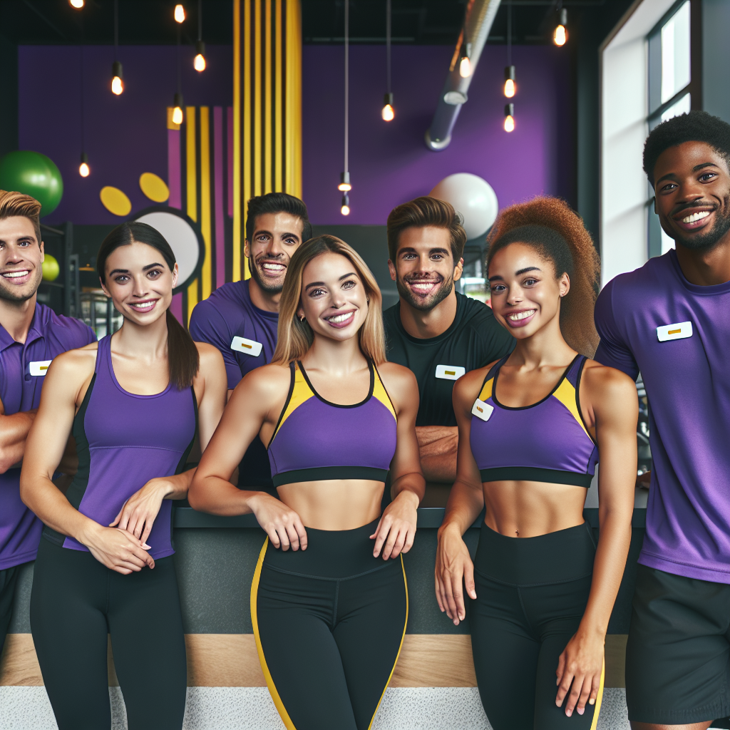 Diverse Planet Fitness employees in branded uniforms inside a modern gym with company color accents, conveying a cheerful team environment.