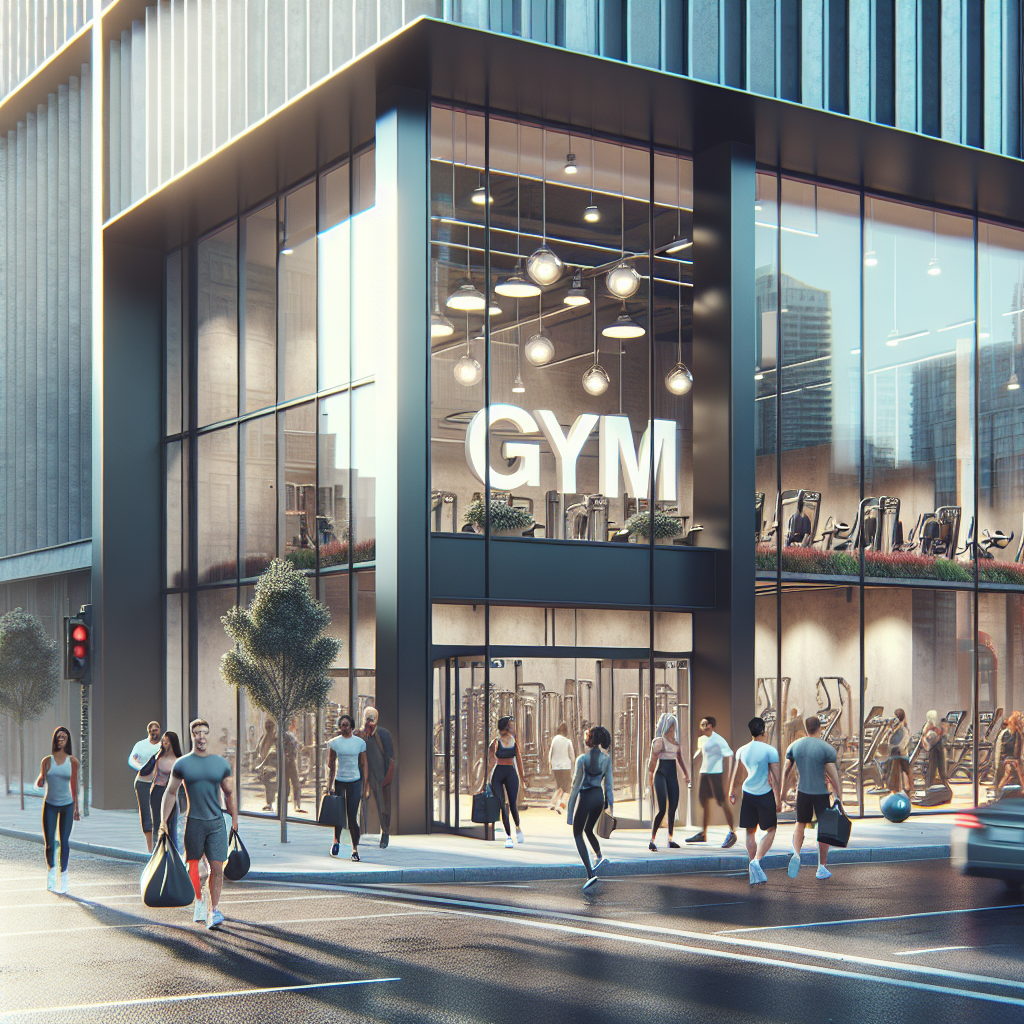 Realistic image of a Crunch Fitness gym in a busy urban setting with people entering and exiting, and the gym's state-of-the-art equipment visible through large windows.