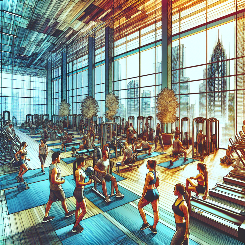 A modern and diverse Crunch Fitness gym bustling with activity and fitted with state-of-the-art equipment, located in an urban city environment.